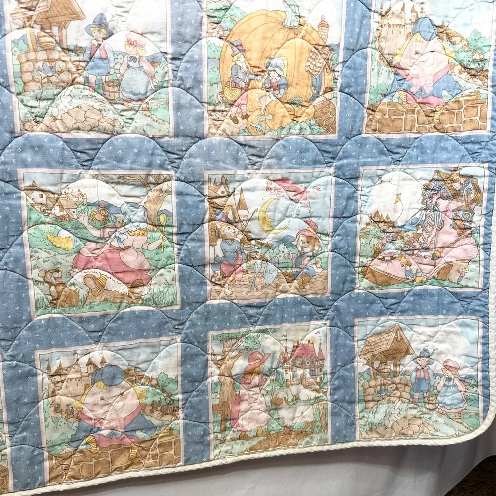 Vintage Nursery Rhymes Quilt Kids Storybook Blanket Mother Goose Pillow Pocket‎